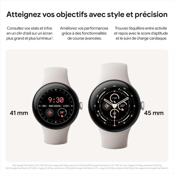 Google Pixel Watch 3 (41 mm) — Boîtier Noir Mat — Bracelet Noir Volcanique — Wi-FI