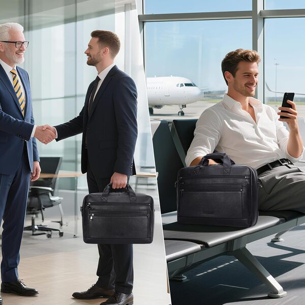 Masa Kawa Mallette en cuir pour homme de 16 pouces - Étanche - Bandoulière - Pour les affaires, les voyages, le travail - Noir