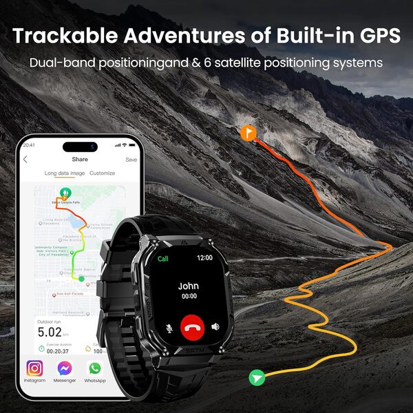 M3E Montre Connectée Homme GPS, 5ATM, 40j Autonomie, Boîtier en Acier Inoxydable, écran AMOLED 1,96'', Appel Bluetooth, Boussole, Altimètre, Fréquence Cardiaque, Suivi du Sommeil, 170+ Sport