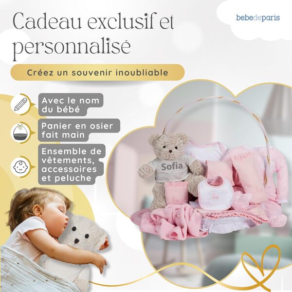 Cadeaux de Naissance de Luxe pour les Nouveau-nés | Panier de bébé classique | Panier-cadeau personnalisé pour bébé | 3-6 mois (rose) | BebeDeParis