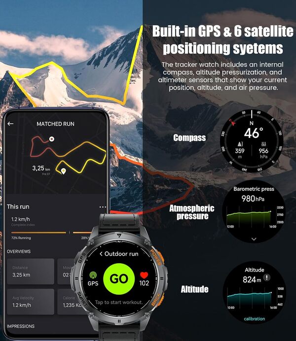 LIGE GPS Intégré Montre Connectée Homme, 1,43 Pouces AMOLED Smartwatch avec Lampe Torche LED pour Android & iOS, Étanchéité 5ATM, 300+ Cadran, Boussole/Altimètre, 170+ Sports, Noir Graphite