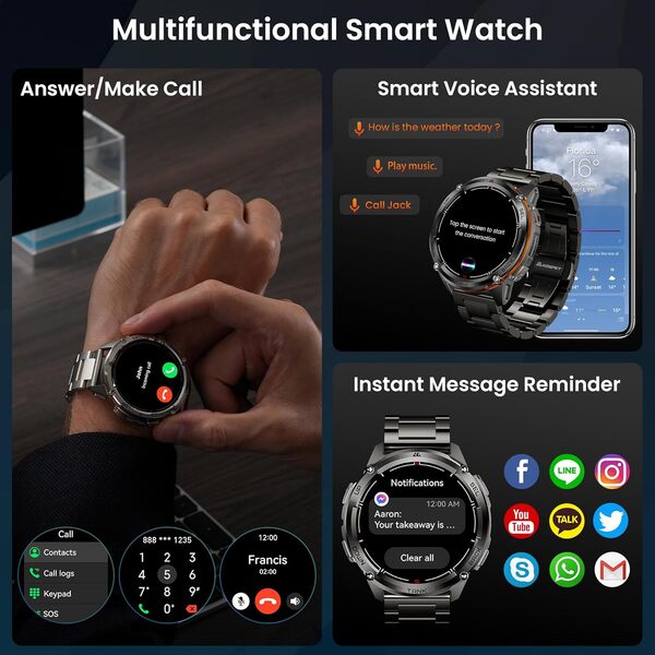 KOSPET Tank T3 Ultra 2 Montre Connectée Homme, GPS, Batterie de 60 Jours, 50M Étanche, Corps Entièrement en Métal, Boussole/Altimètre/Appel Bluetooth, Suivi du Fréquence Cardiaque/Sommeil
