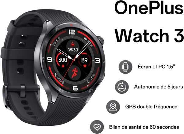 OnePlus Montre Connectée Watch 3, Bracelet 22 mm, Écran LTPO 1,5