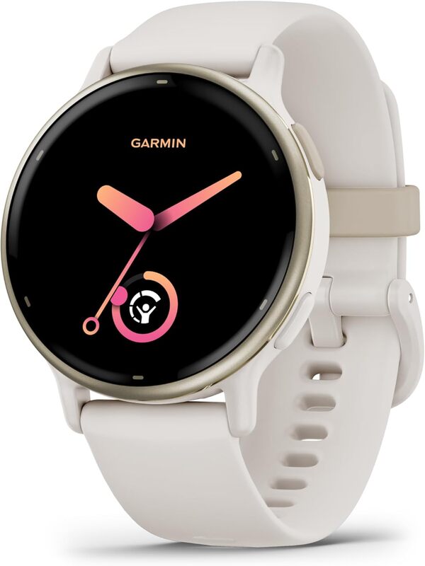 Garmin Vivoactive 5 montre intelligente GPS santé et fitness pour homme et femme lunette aluminium doré crème bracelet silicone ivoire écran AMOLED 3 cm autonomie