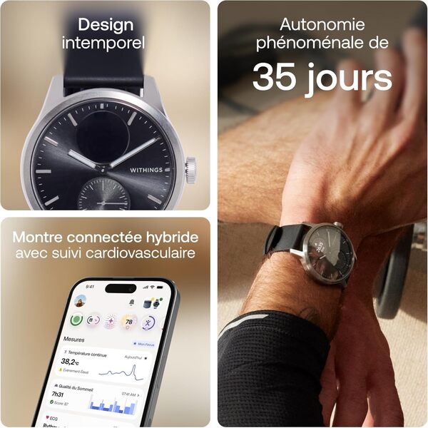 WITHINGS ScanWatch 2 - Montre connectée de santé pour femmes et hommes, ECG, SpO2, température, suivi du sommeil, santé respiratoire, étanche, batterie 30 jours, Android et iOS