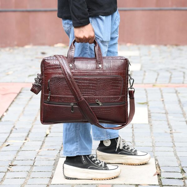 Sac en cuir gaufré crocodile pour homme, 5 poches zippées avec compartiments spacieux, 30,5 x 40,6 x 10,2 cm.