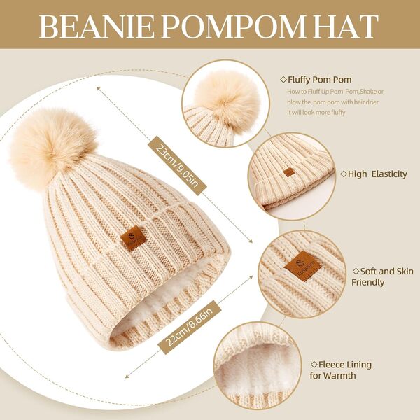 Coolprince Ensemble écharpe, gants et chapeau pour femme pour temps froid, bonnet, écharpe, gants d'hiver avec pompon