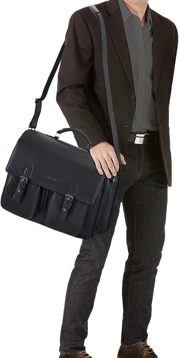 STILORD 'Anton' Sac Serviette en Cuir Véritable XL - Compartiment pour Ordinateur Portable de 15.6' - Amovible - Version Améliorée, Couleur:Noir