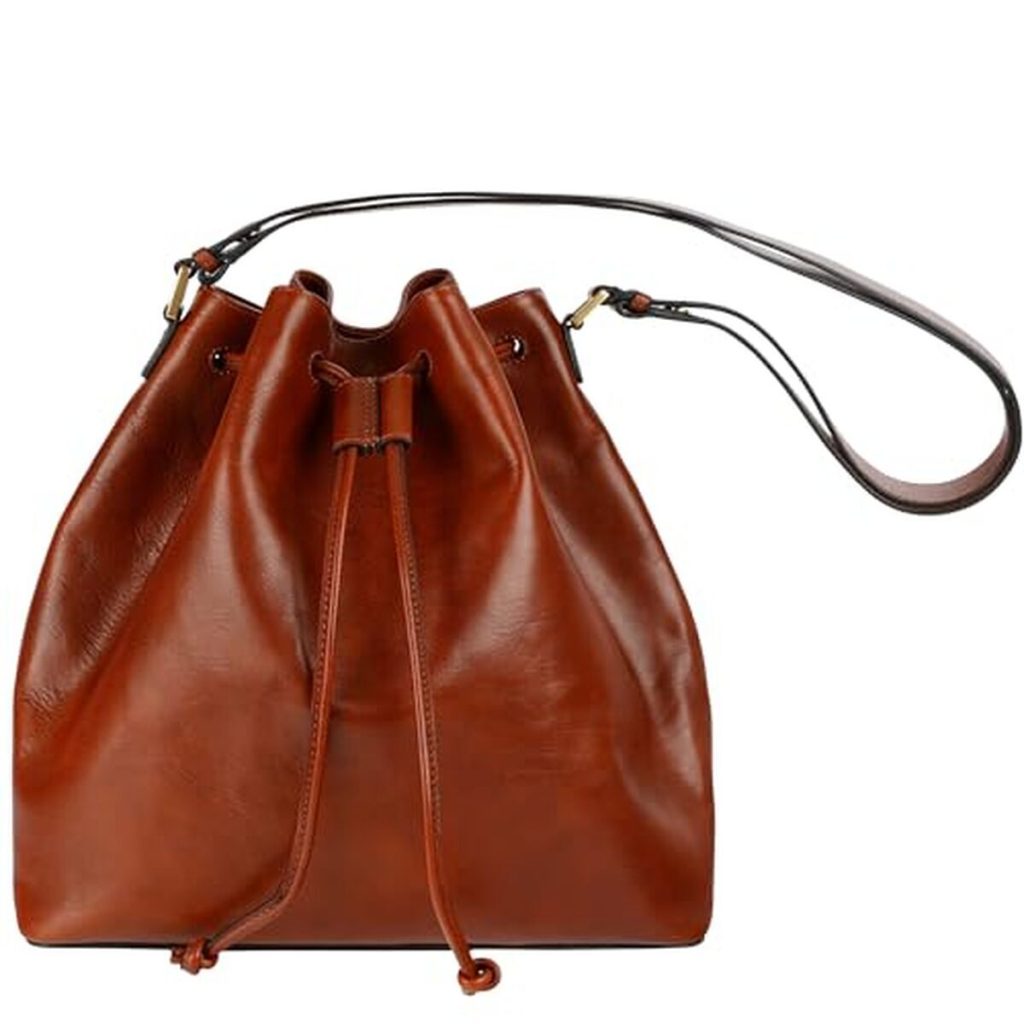 Avis : sac seau en cuir Time Resistance, élégance italienne en marron cognac